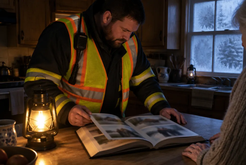 A volunteer firefighter in a reflective vest leafs through a thick open book on a kitchen counter by lantern light