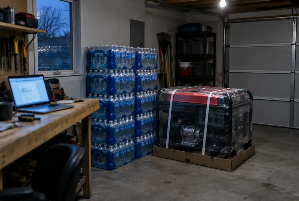 Cases of bottled water stacked in a garage next to a new generator still in its packing straps, a laptop glowing on the workbench