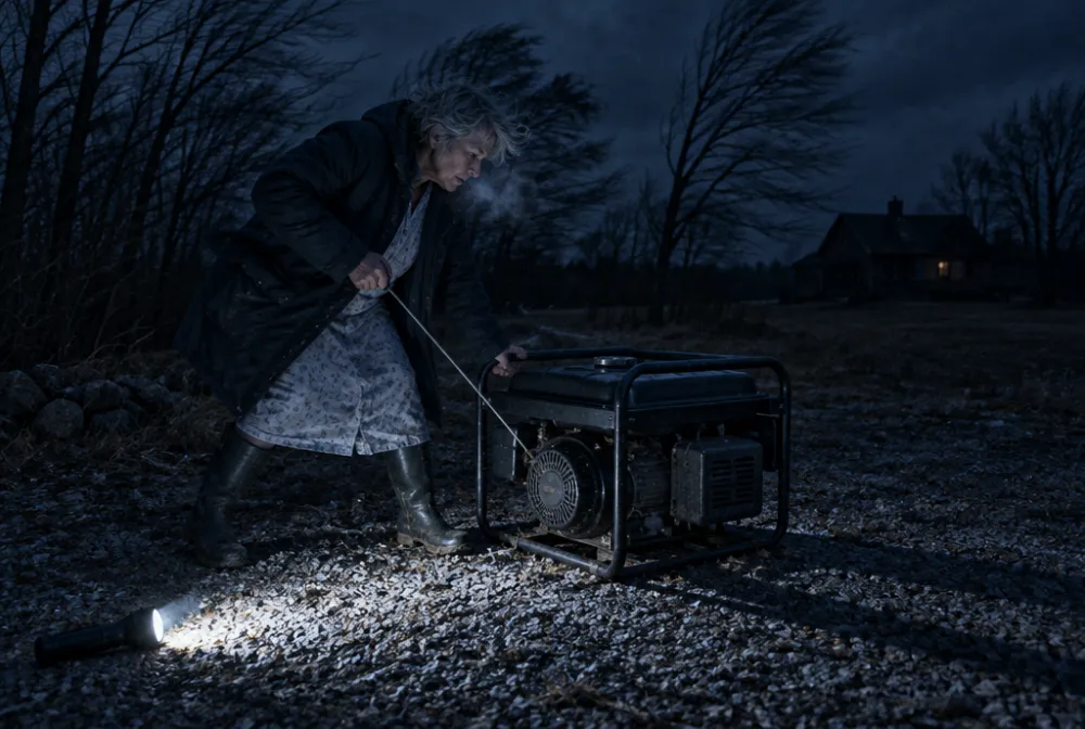 At night, a woman pulls the starter cord of a portable generator on open gravel, far from a dark farmhouse in the background