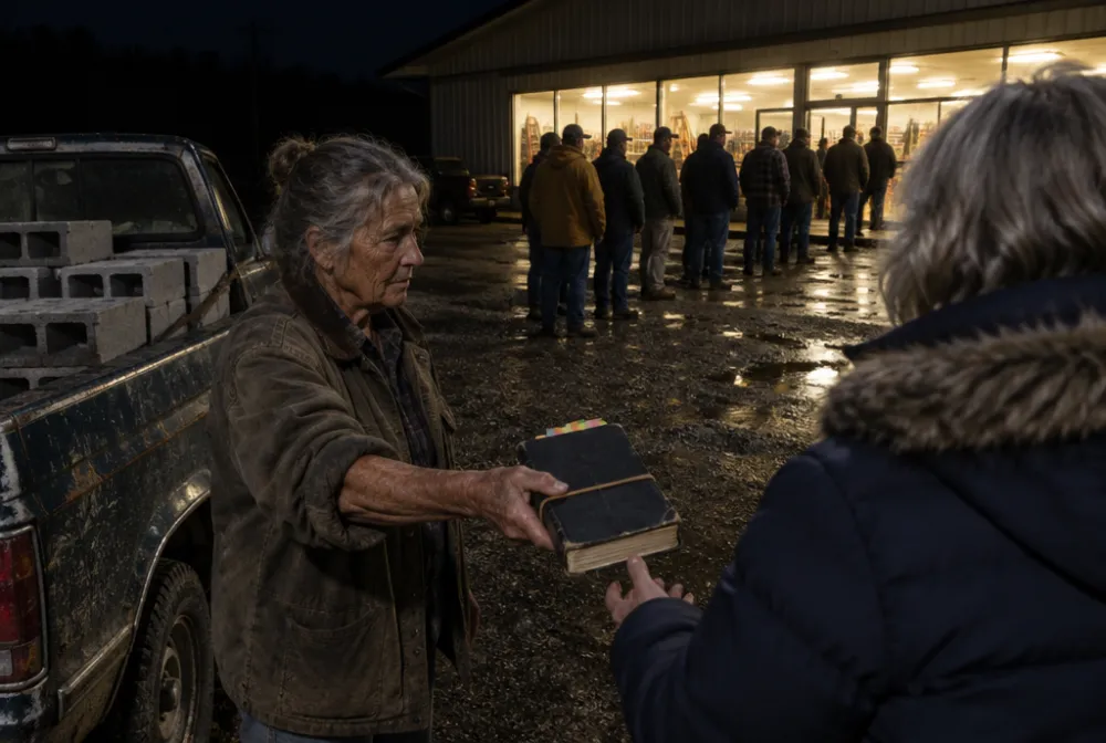 In a hardware store parking lot at night, an older woman hands a thick worn book to another woman