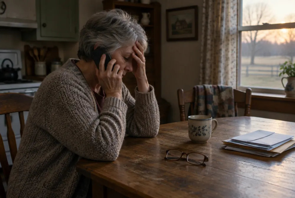 A woman in her sixties alone at a kitchen table, phone to her ear, hand pressed to her forehead